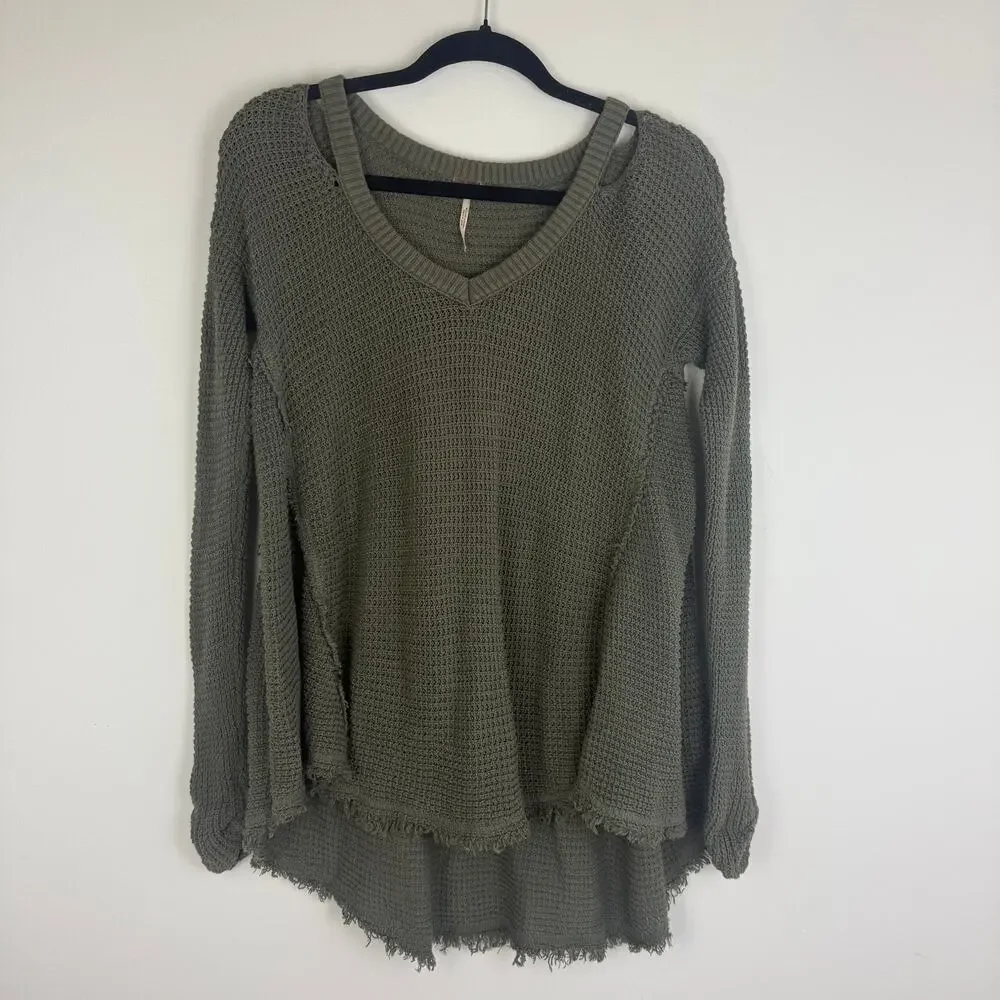 Free People Womens Moonshine Cold Shoulder Hi-Lo V-Neck Olive Green Sweater XS